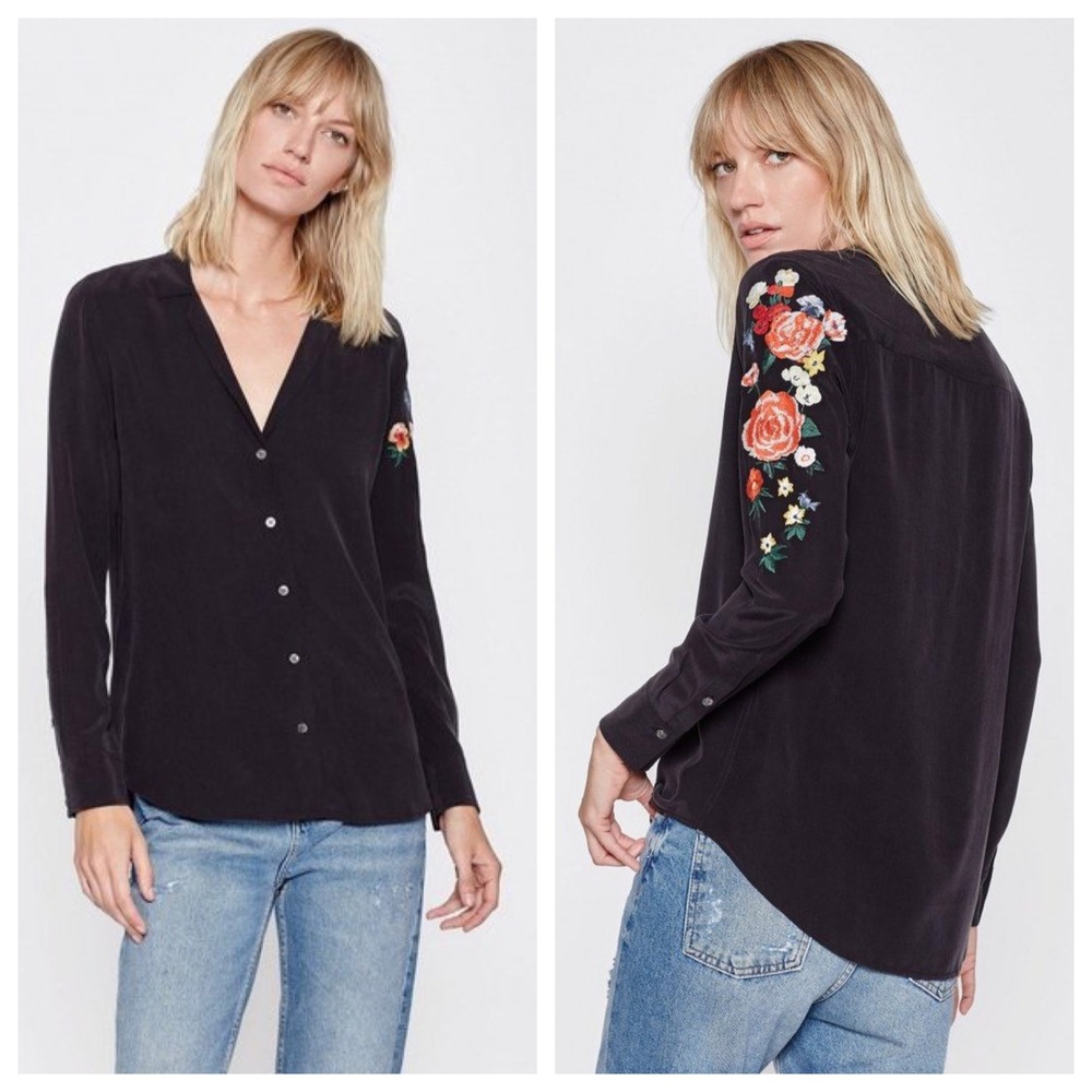Equipment Femme Black‎ 100% Silk Embroidered Floral Sleeve Blouse XS